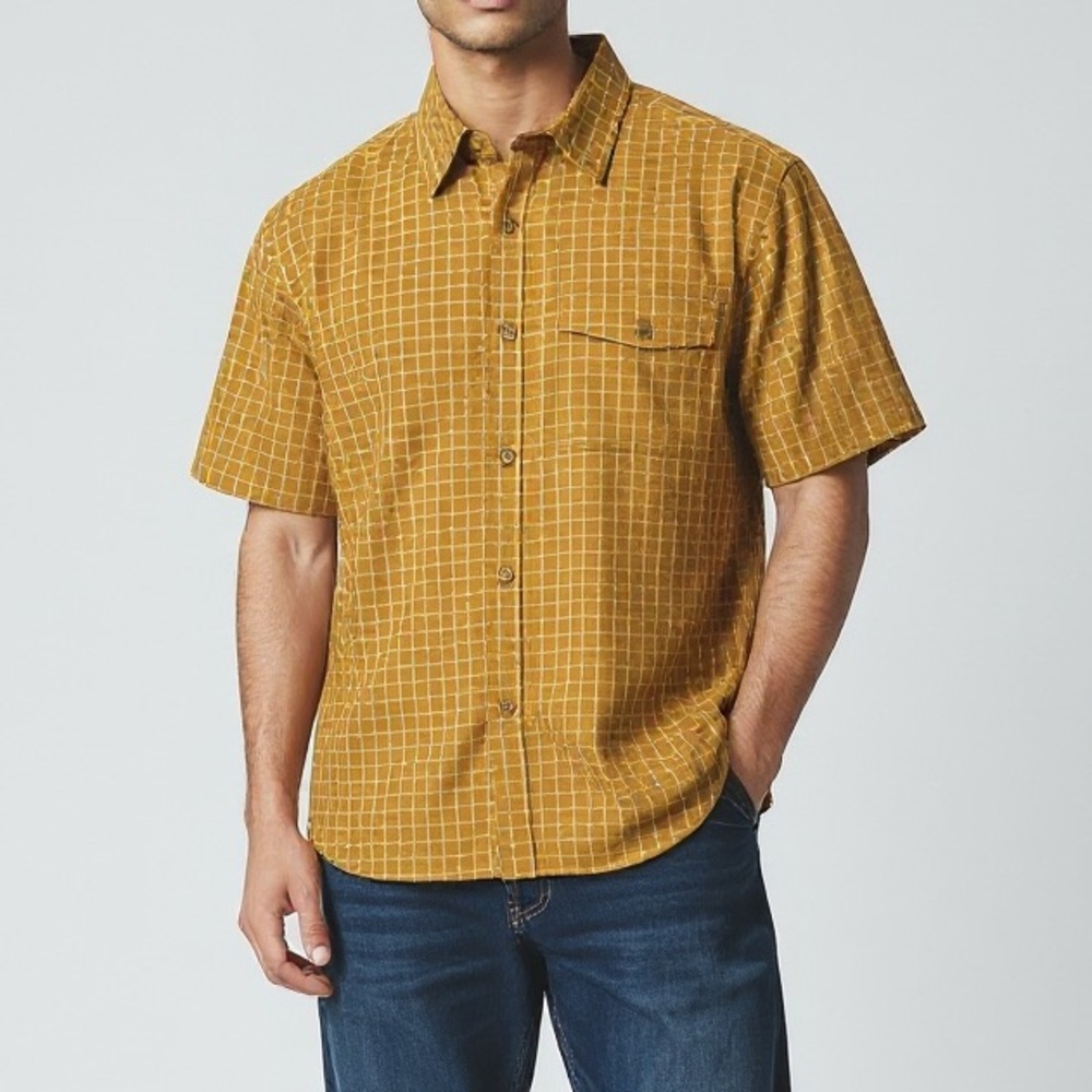 NWT MENS ALLDAY CHAMBRAY S/S PLAID BUTTON DOWN size M in Sand TARGET